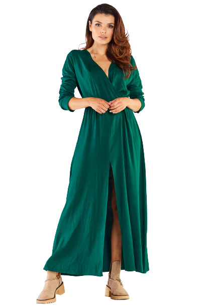 Sukienka Maxi Z Wiskozy Rozporek Z Przodu Długi Rękaw - zielona